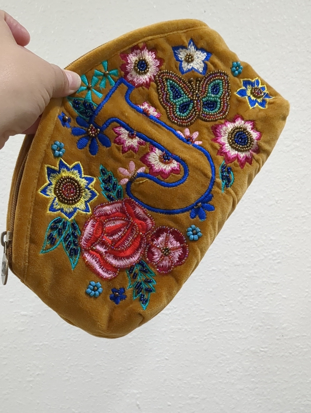 ABOVE & BEYOND Embroidered Mustard Velvet Clutch with Floral Appliqué
